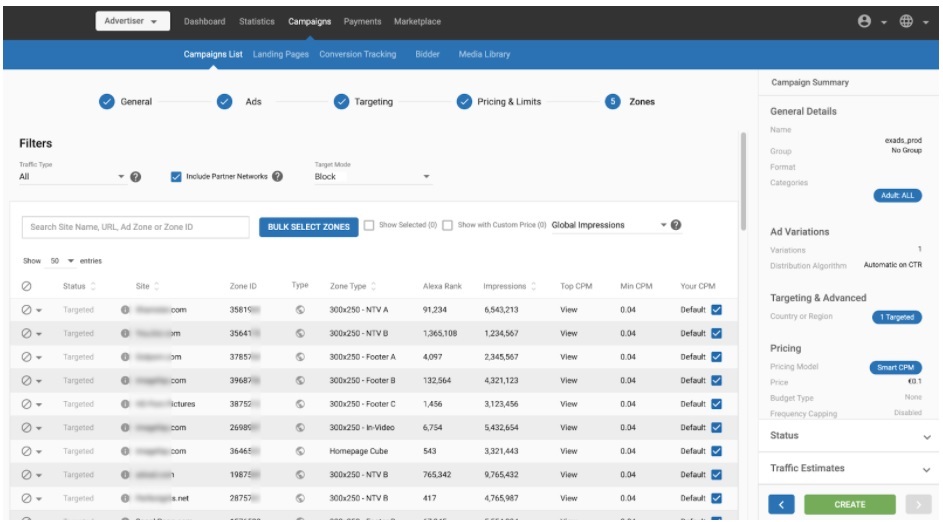 Targeting or blocking zones and sites