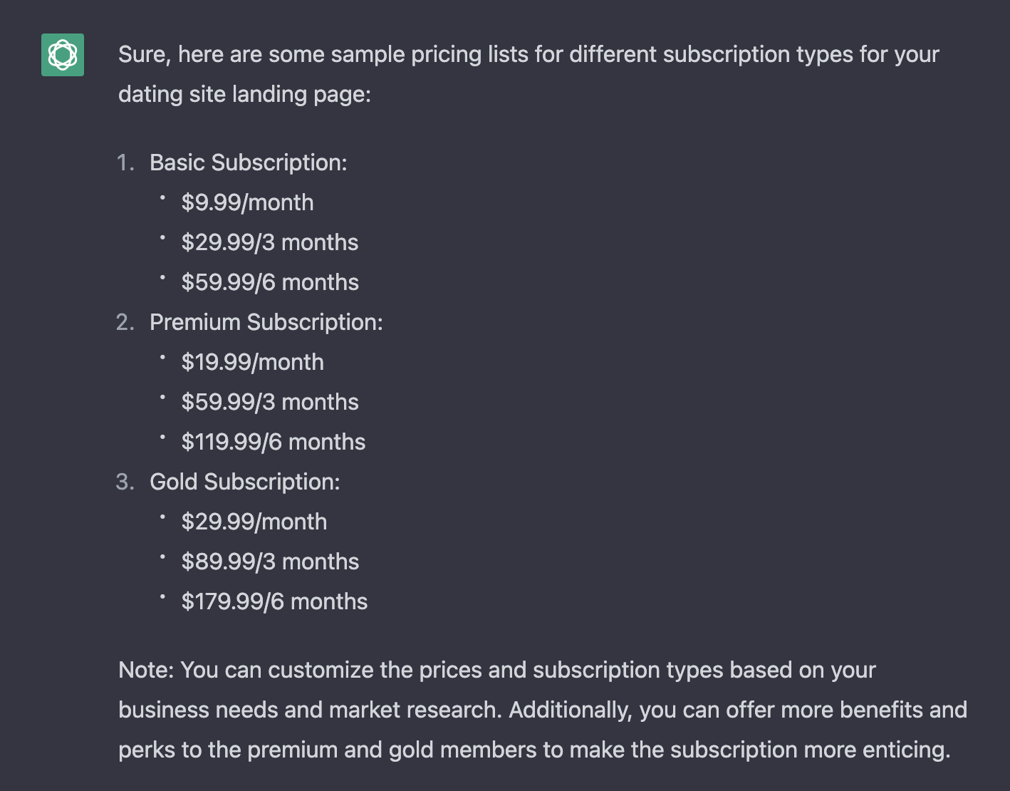 Pricing options